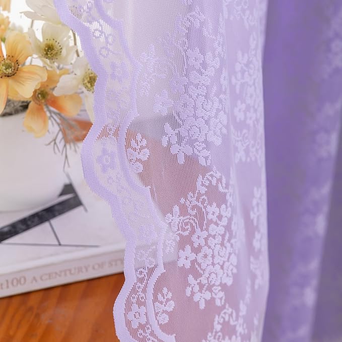 YJ YANJUN Vintage Lace Curtains 54 Inch Length-Victorian Floral Pattern Lavender Sheer Curtain Panels for Living Room Bedroom,Light Filtering, Romantic Girly Drapes 2 Panels 52W x 54L Light Purple