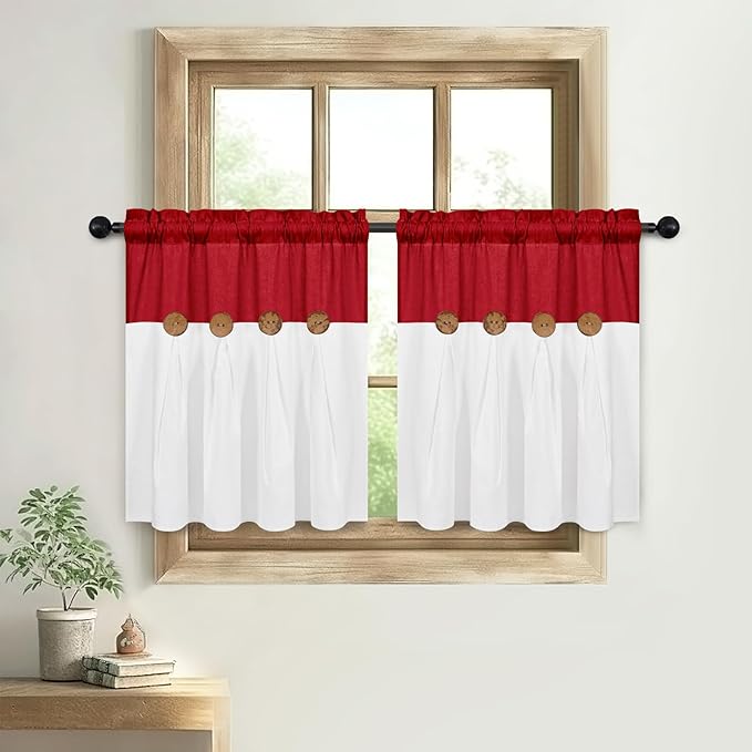 FRAMICS Farmhouse Kitchen Curtains 24 Inch Length, Rustic Cotton Linen Tier Curtain, Boho Button Short Curtains for Windows, Red Country Cafe Drapes, Rod Pocket, Red and White, 26x24