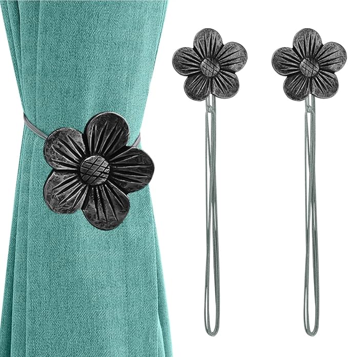 Lewondr Vintage Magnetic Curtain Tieback, 1 Pair Resin Flower Curtain Drapery Holdback Window Curtain Decorative Buckle Holder for Home Cafe Balcony - Ink