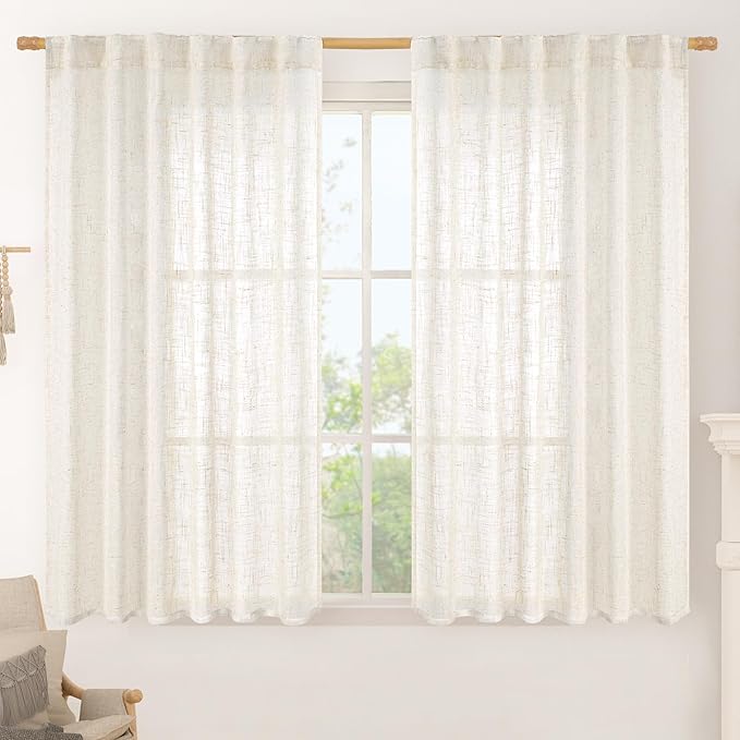 LAMIT Cream Linen Semi Sheer Curtains 45 Inch for Windows, Light Filtering Neutral Bedroom Curtains Farmhouse Boho Back Tab and Rod Pocket Decor Panels, 2 Panels, 52 x 45 Inch
