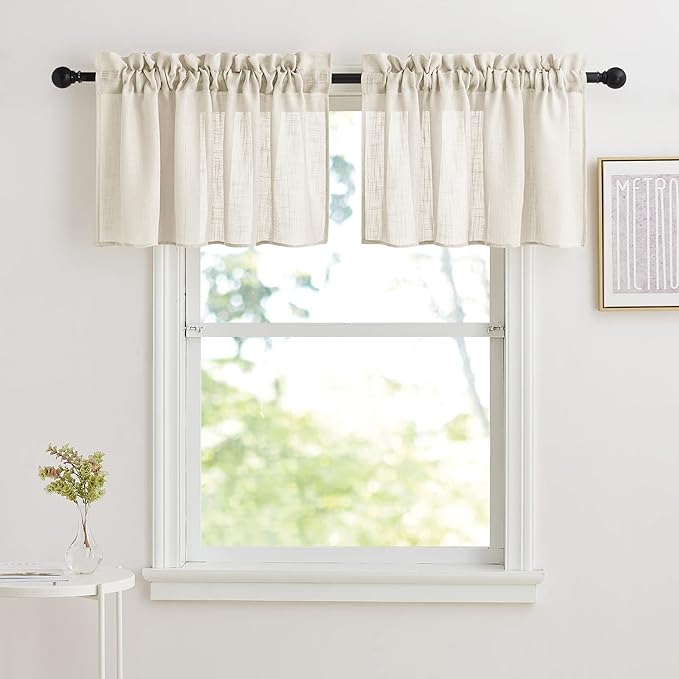 RYB HOME Window Toppers Valances - Semi Sheer Valances Pleated Rod Pocket Linen Textured Fabric Window Dressing for Kitchen, Kids Room Short Drapes, Warm Beige, W 52 x L 18 Each Panel, Set of 2