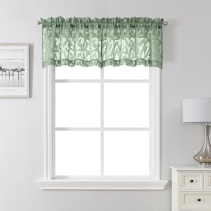 Lecloud Leia Sage Green Sheer Curtains 16 Inch Length 2 Pcs, Jacquard Leaf Textured Small Kitchen Curtains Valances for Windows, Dual Rod Pocket Drapes for Cafe Bathroom, Each Panel 28" W x 16" L