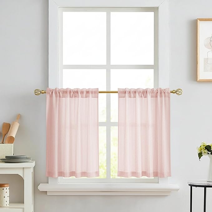 RYB HOME Linen Cafe Curtains 24 inch Length, Kitchen Farmhouse Striped Tier Curtains for Living Room Bathroom Tickingstripe Small Window Rustic Pinstripe Valances, Pink, W26 x L24, 2 Panels
