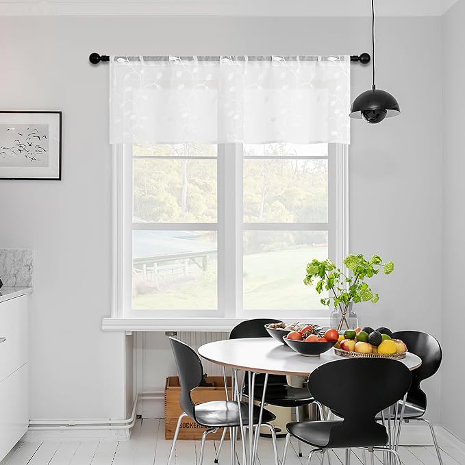 MRTREES Sheer Valance Curtain, 2 Panels Christmas Sheer Curtains Valances Rod Pocket, Voile Leaves Embroidered Topper Curtains for Bedroom Living Room Window Treatment(White Leaves, 54x16 Inches)