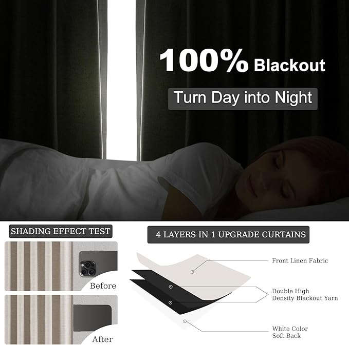 Topfinel 94 Inch Long Linen Blackout Curtains 2 Panel Set, Greige Natural Curtains for Living Room, Room Darkening Tab Top Noise Reduction Textured Farmhouse Drape Hook&Ring Included