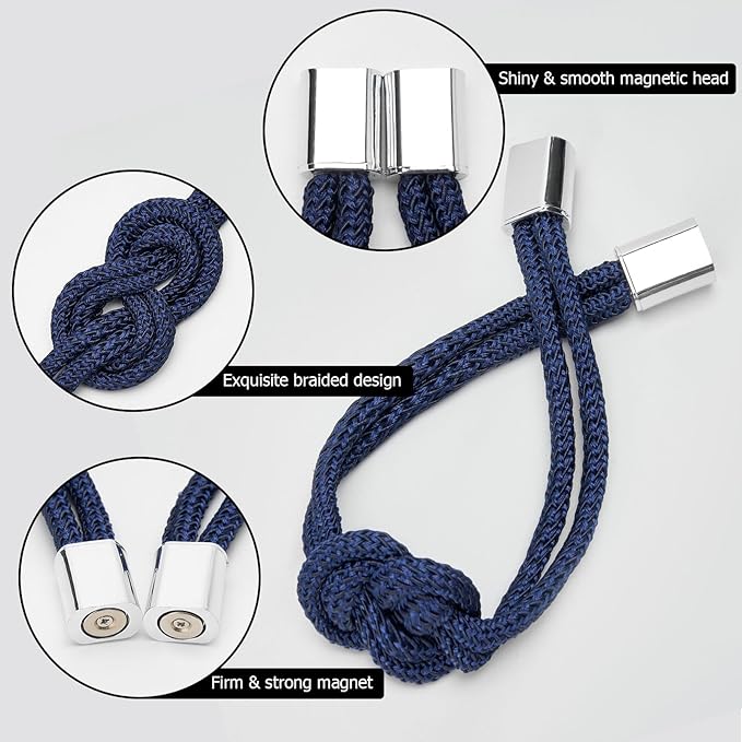 NICEEC 2 Pack Mini Magnetic Curtain Tiebacks Nordic Simple Style Drape Tie Backs Elegant Hand Weave Rope Knot Decorative Curtain Holdbacks for Home & Office Thin Window Drapery (Dark Blue)