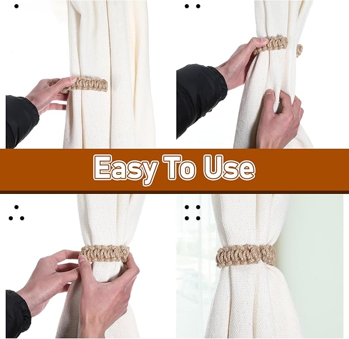 Ptwola 4 Pack Braided Curtain Tiebacks Boho Elegant Rustic Curtain Holdbacks Tie Backs Holders Set Simple Light Weight Drapes Decorative Accessories Handmade for Home Office Bedroom Window (4, Linen)
