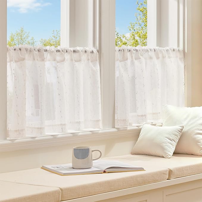 jinchan Valance Curtains for Windows 16 Inch Colorful Mini Pom-Pom Country Farmhouse Kitchen Valance Semi Sheer Voile Samll Window Treatment for Bedroom Living Room Rod Pocket 1 Panel Linen Whisper