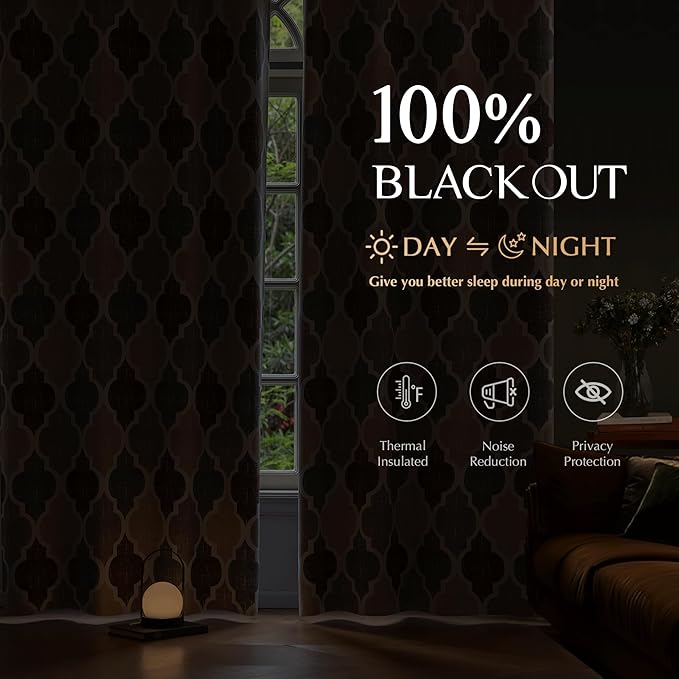 Beauoop 100% Blackout Curtains 96 Inches Long 2 Panels for Bedroom Living Room Brown Grey Moroccan Geo Room Darkening Thermal Insulated Soundproof Grommet Top Window Treatments Drapes, 50x96 Set of 2