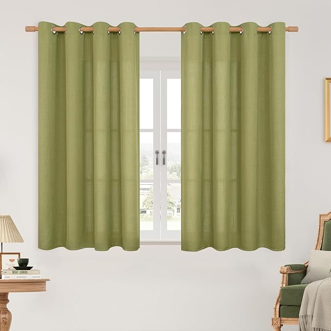 LAMIT Moss Green Linen Curtains 45 inch for Small Windows, Light Filtering Panels, Grommet Privacy Protected Sheer Curtains for Bedroom/Kitchen, Set of 2 Panels, 52 x 45 Inch