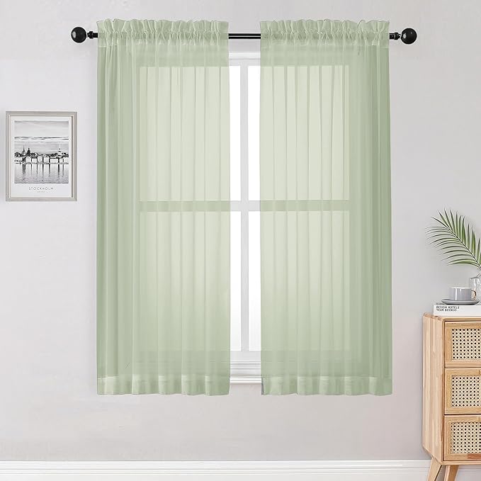 OWENIE Sheer Curtains 54 inches Long 2 Panles for Living Room Bedroom Small Windowm, Rod Pocket Light Filtering Voile Sheers Drapes, 42" W x 54" L, Light Green