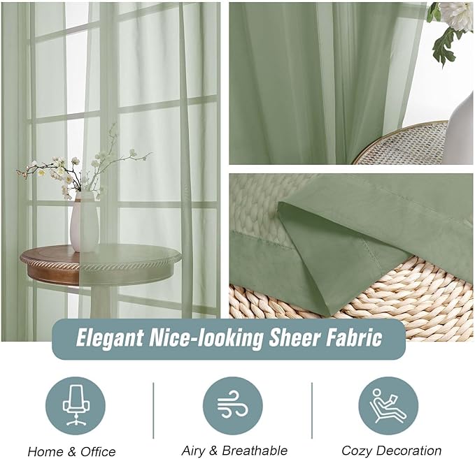 Sage Green Sheer Curtains for Window 72 inches Long 2 Panels Set, Soft Airy Modern Light Filtering Sheer Curtains for Living Room Bedroom, Dual Rod Pocket Solid Window Drapes, 2x42Wx72L inches