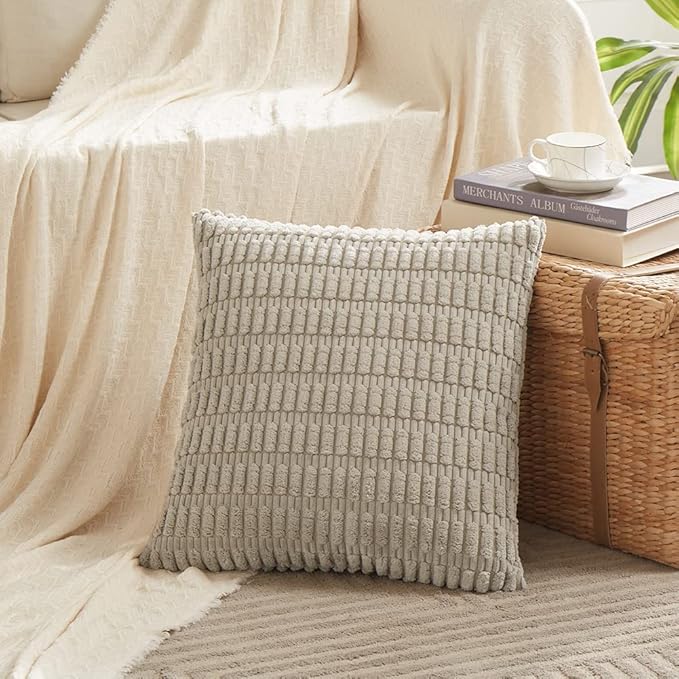 Fancy Homi 4 Packs Neutral Small Decorative Throw Pillow Covers 12x12 Inch for Living Room Couch Bed Sofa, Rustic Farmhouse Boho Home Decor, Soft Plush Striped Corduroy Square Cushion Case 30x30 cm