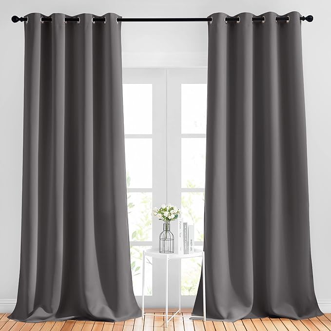 NICETOWN Grey Bedroom Curtains Blackout 96 inches Long, Grommet Energy Saving Thermal Drapes Room Darkening Sound Dampening Window Treatments for Living Room, W52 x L96, 2 Panels