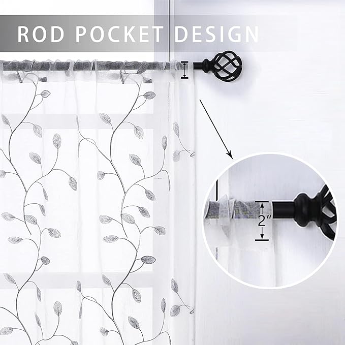 MRTREES Sheer Voile Curtain Valances 2 Panels, Leaves Embroidered Valance Curtains Rod Pocket, Small Sheer Window Curtains Treatment for Bedroom/Living Room/Kitchen/Basement(Grey Leaves, 54x16 Inches)