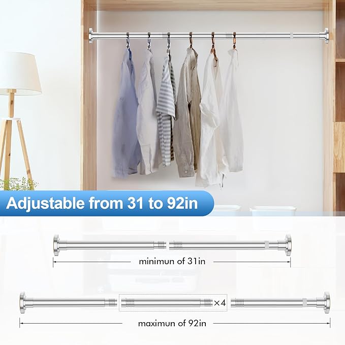 CorkLatta Chrome Shower Curtain Rod 31 to 92 Inch,1 Inch Diameter Adjustable Spring Tension Curtain Rod No Drilling Stainless Steel Telescoping Rod,No Rust