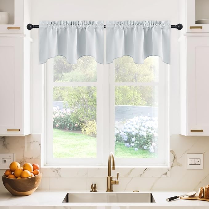 NICETOWN Blackout Valances for Windows, Farmhouse Style Rod Pocket Thermal Insulated Window Treatment Tiers Solid Short Curtain for Small Window Bedroom, 42 x 18 Inches 1 Pair, Greyish White