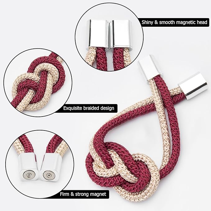 NICEEC 2 Pack Mini Magnetic Curtain Tiebacks Nordic Simple Style Drape Tie Backs Elegant Hand Weave Rope Knot Decorative Curtain Holdbacks for Home & Office Thin Window Drapery (Wine Red & Beige)