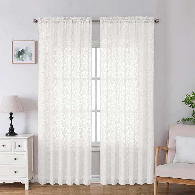 Lecloud Leia Ivory Sheer Curtains 90 Inches Long 2 Panels, Airy Voile Jacquard Leaf Textured Curtains, Light-Filtering Farmhouse Rod Pockets Curtain Drapes for Bedroom Living Room, 52" W x 90" L