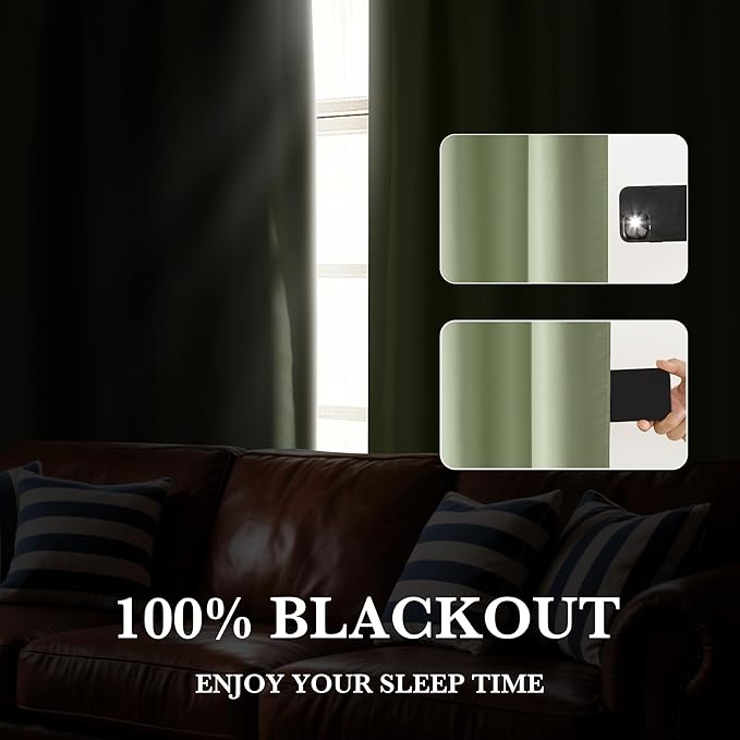 RYB HOME 100% Blackout Basement Curtains 30 inches Long, Heat & UV Blocking Total Room Darkening Noise Reducing Curtains for Bathroom RV Campers, Sage Green, 2 Panels Set