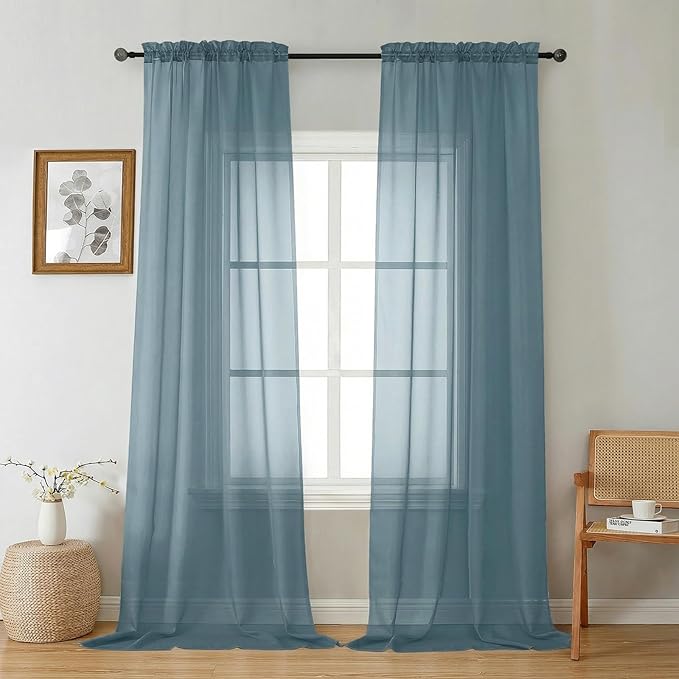 Gwine Sheer Curtains 96 Inches Long - Light Filtering Rod Pocket Window Curtain Panels for Bedroom, Elegant Soft Voile Living Room Sheer Drapes, Each 42Wx96L, 2 Panels, Dusty Blue