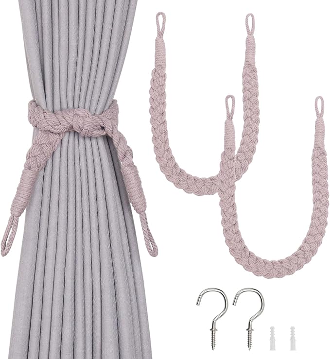 NICEEC 2 Pack Natural Cotton Rope Curtain Tiebacks Elegant Boho Style Decorative Drape Tie Backs Soft Hand-Woven Rope Curtain Holdbacks with Metal Hook for Home & Office Drapery (Grayish Purple)