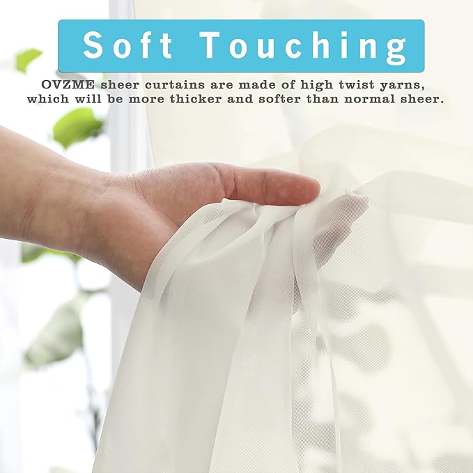 OVZME Sheer Ivory Curtains 108" Inch Length 2 Panels Set, Light Filtering Soft Rod Pocket Voile Drapes for Living Room/Bedroom, Each 42" W x 108" L