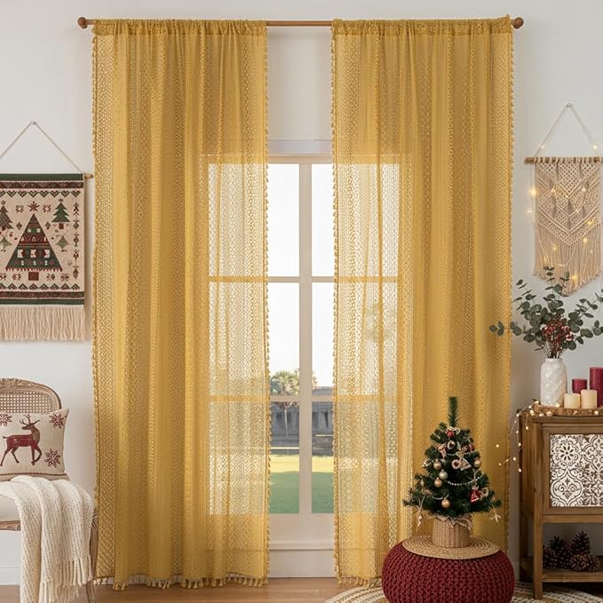 WAZZIO Boho Lace Curtains 108 Inches 2 Panel,Light Filtering Privacy Tassel & Geometry Crochet Semi Sheer Curtain Drapes for Bedroom Living Dining Room,Rod Pocket & Tassel,Mustard Yellow