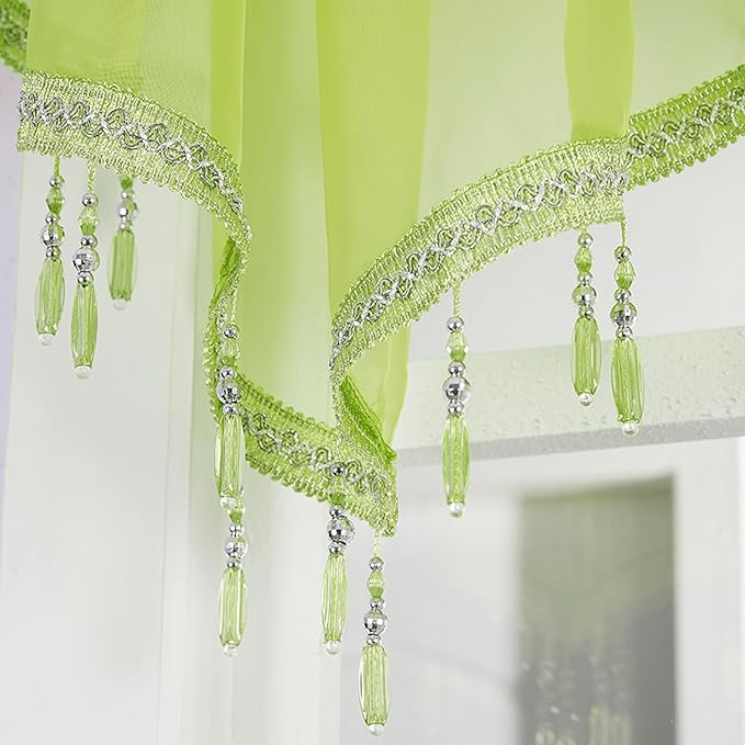 Molaxhome Swag Curtain 51 inch Length Rod Pocket Scalloped Curtain Valance Sheer Lace Panels with Hanging Crystal Beads for Kitchen Bedroom Window Treatments Drape Decor 1pc (Green, 51Wx23L)