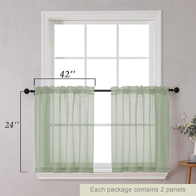 Kitchen Curtains 24 Inch Length Tier 2 Pieces, Sage Green Sheer Curtain Solid Soft Sheer Short Curtains for Windows, Cafe Bathroom Basement Rod Pocket Drapes, Sage Green, Each 42"Wx24"L Inch