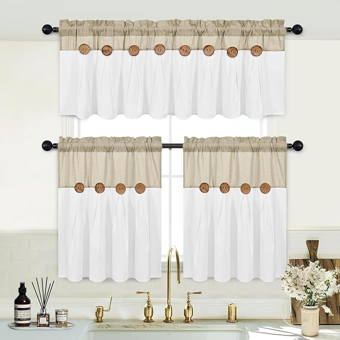 Boho Kitchen Curtains 24 Inch Length, Farmhouse Cotton Linen Tier Curtains, Rustic Button Short Curtain for Windows, Country Cafe Curtain, Rod Pocket Small Window Drapes, Linen and White, 26x24