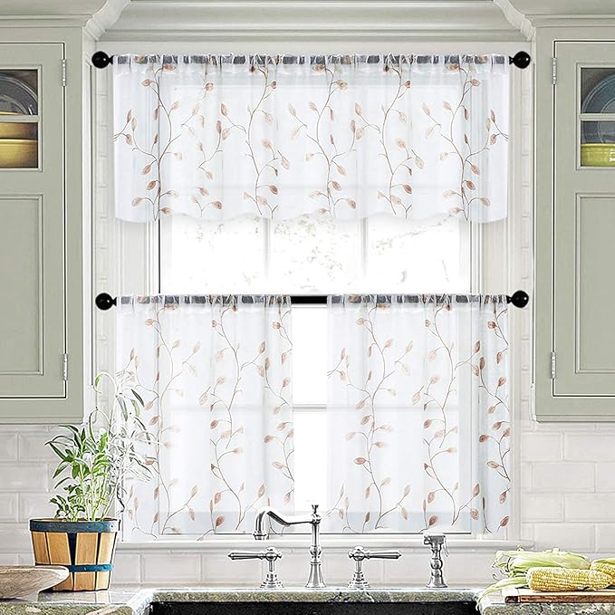 MRTREES Voile Sheer Curtain Valances, Leaves Embroidered Valance Curtains Rod Pocket, Small Sheer Window Curtain Treatment for Bedroom/Living Room/Kitchen/Basement(1 Panel, 54x16 Inches, Taupe Leaves)