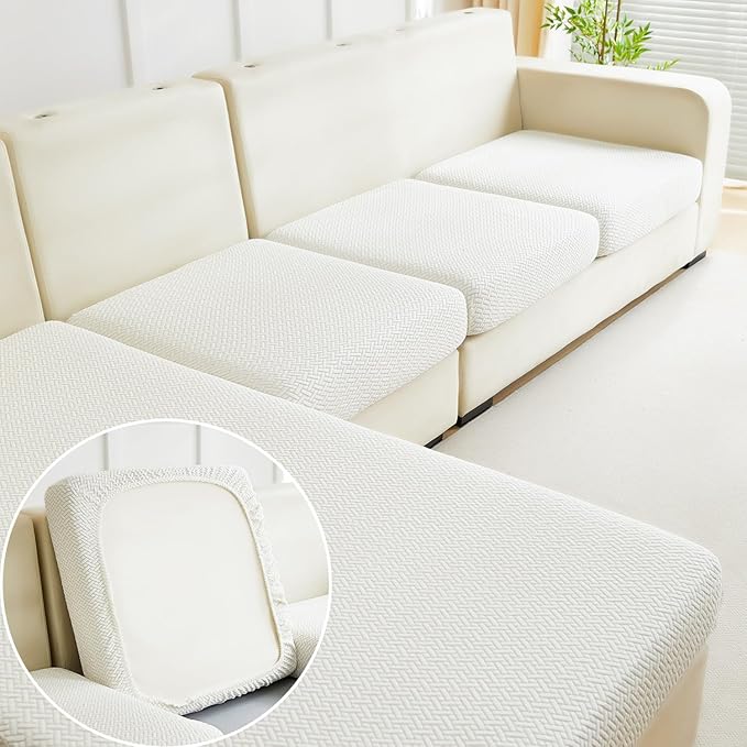 Sofa Covers Couch Covers for Sofa Pet Friendly Couch Cushion Covers Universal Sofa Covers Washable Stretch Slipcovers for Sectional Sofa (Texture Ivory White, 2 Seats + Chaise Cover)