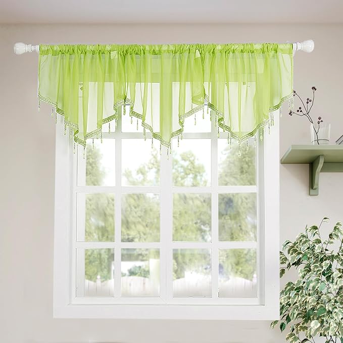 Molaxhome Swag Curtain 51 inch Length Rod Pocket Scalloped Curtain Valance Sheer Lace Panels with Hanging Crystal Beads for Kitchen Bedroom Window Treatments Drape Decor 1pc (Green, 51Wx23L)