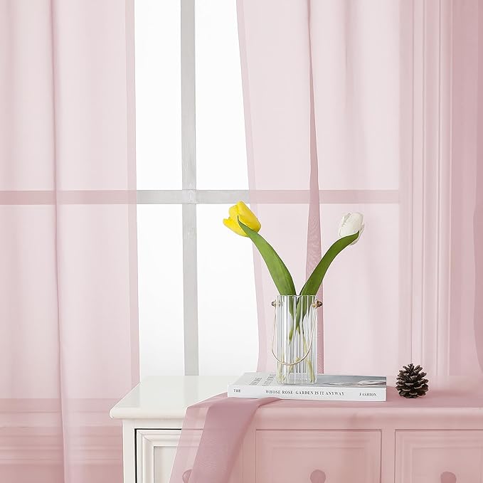 Lecloud Blush Sheer Curtains 54 Inches Long 2 Panels Set, Airy & Breathable Dual Rod Pocket Semi Voile Pink Sheer Curtain, Window Drapes for Bedroom/Living Room/Kitchen/Party Backdrop, 40W x 54L