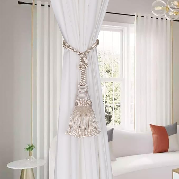 Fenghuangwu 4 Pack Curtain Tie Backs Rope Tassels for Curtains Drape tiebacks Handmade Outdoor Home and Outdoor Decorative (Beige, 4p)