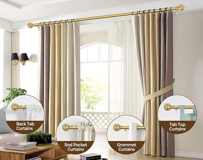 KAMANINA Gold Curtain Rod 32 to 58 Inch(2.6-4.8Ft), 7/8 Inch Single Adjustable Curtain Rods for Windows 28 to 48, Decorative Drapery Rods with Netted Texture Finials
