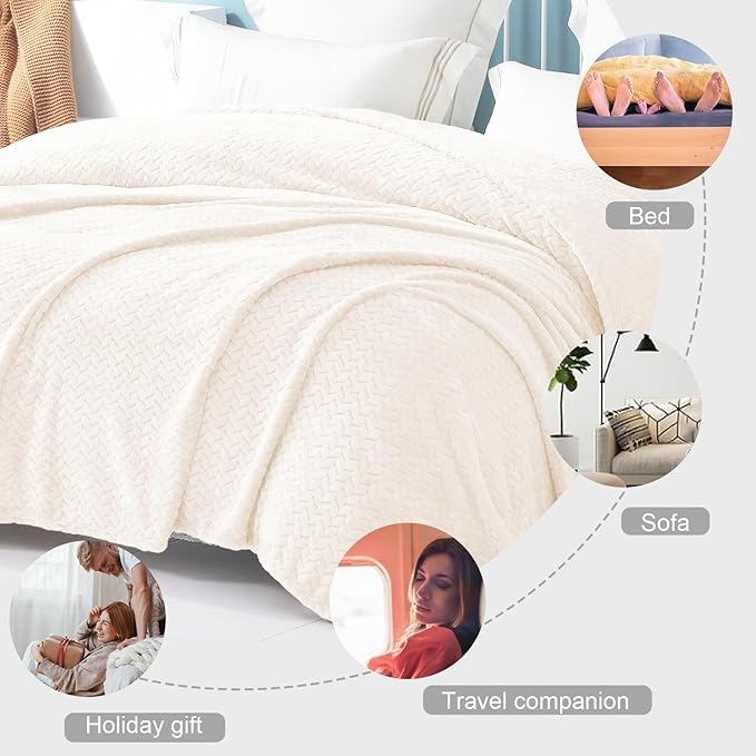 Exclusivo Mezcla Fleece Twin Size Blanket for Bed, 90x66 Inches Soft Cozy Jacquard Flannel Blankets, Lightweight Fuzzy Plush Warm for Women, Off White