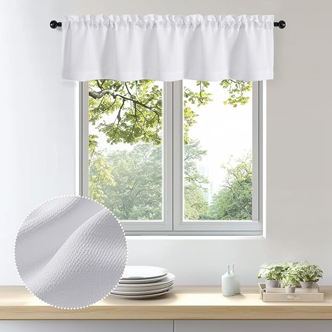 OWENIE Bob 1 PCS White Valances for Windows, Faux Linen Textured Kitchen Window Curtains Valance for Bedroom Living Room, Modern Soft Airy Solid Rod Pocket Bathroom Cafe Curtain, 60Wx14L Inch