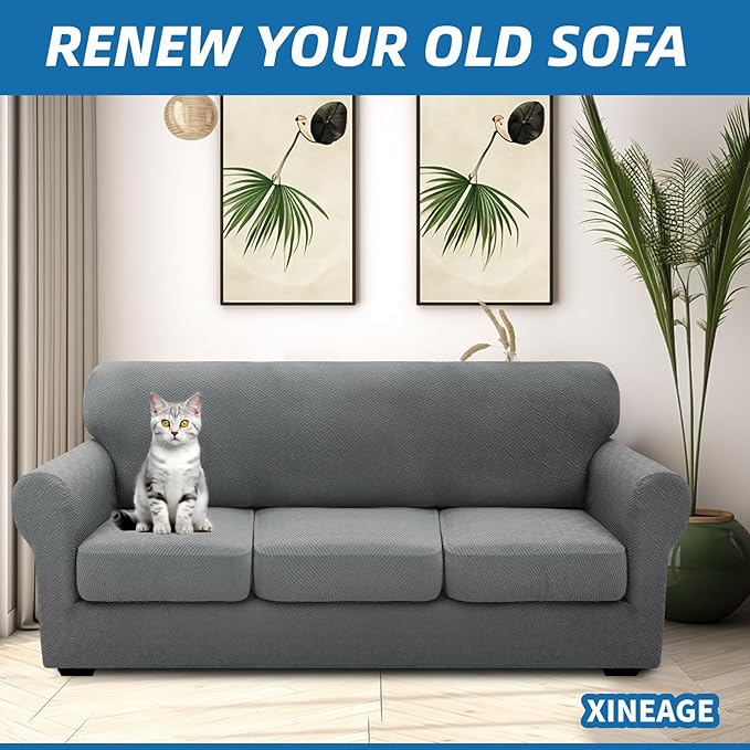 XINEAGE 2026 New 4 Pieces Extra Large Couch Covers for 3 Cushion Sofa Super Stretch Sofa Cover for 3 Large Seat Cushion Universal Slip Cover for Living Room (Light Gray), 91"-110"(3 Cushions)