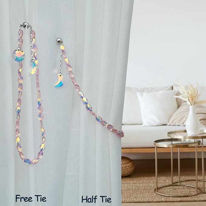 PEDOBO Magnetic Curtain Tiebacks, 2 Pack Crystal Beaded Sun & Moon Pendants Sheers/Draperies Holdbacks for Window Home Office Decor (Pink)