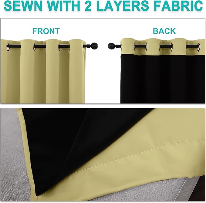 NICETOWN Paler Yellow 100% Blackout Curtains 2 Panels with Black Liners, Thermal Insulated Full Blackout 2-Layer Lined Drapes, Noise Cancellation Window Draperies for Dining Room (42" W by 54" L)