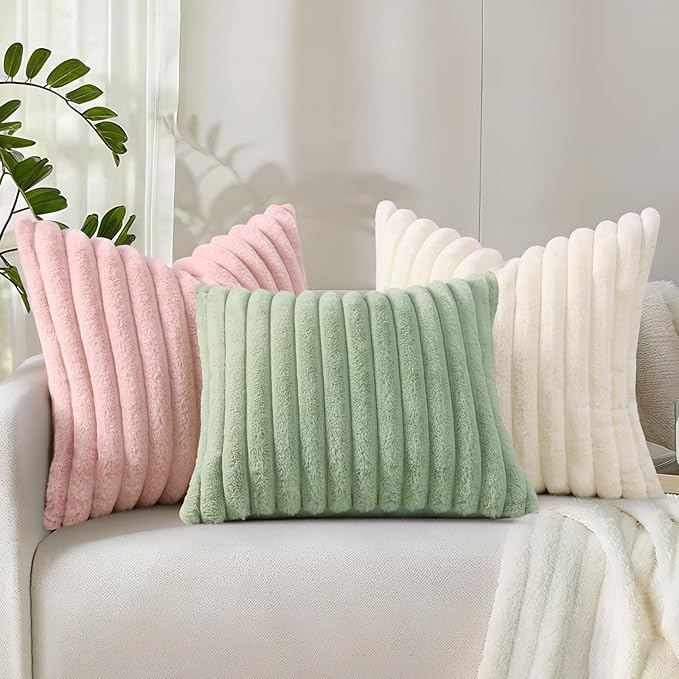 decorUhome Summer Cozy Faux Fur Throw Pillow Covers 16x16 Set of 2 Decorative Soft Plush Striped Modern Farmhouse Boho Couch Pillow Cases with Velvet Back for Sofa Bed Living Room, Sage Green