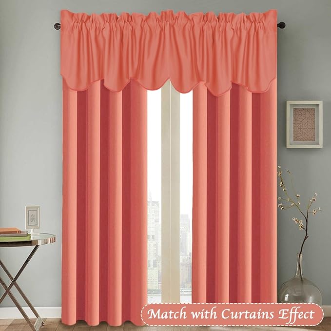 H.VERSAILTEX 2 Panels Christmas Blackout Curtain Valances for Kitchen Windows/Living Room/Bathroom Privacy Protection Rod Pocket Decoration Scalloped Window Valance Curtains, 52" W x 18" L, Coral