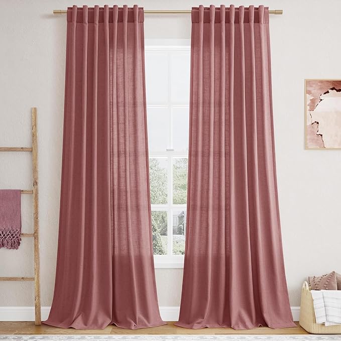 Canyon Rose Linen Curtains 132 Inch Length for Living Room Light Filtering Semi Sheer Curtain Back Tab Modern Farmhouse Decor Boho Girl Drapes Floor to Ceiling High Window for Bedroom 52x132, 2 Panels