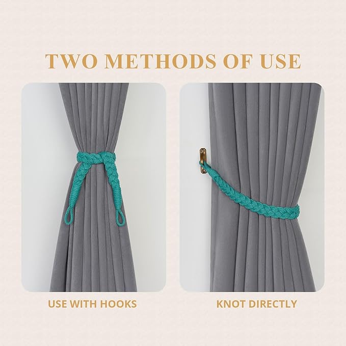 NICEEC 4 Pack Natural Cotton Rope Curtain Tiebacks Elegant Boho Style Decorative Drape Tie Backs Soft Hand-Woven Rope Curtain Holdbacks with Metal Hook for Home & Office Drapery (Teal)