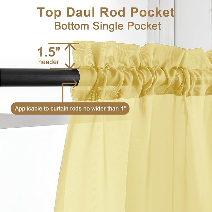 Chyhomenyc Mustard Yellow Sheer Curtains 63 Inches Long, Light Filtering Window Sheer Curtain Panel Drapes, Elegant Rod Pocket Soft Voile for Bedroom Living Room, Each 42Wx63L Inches, 2 Panels
