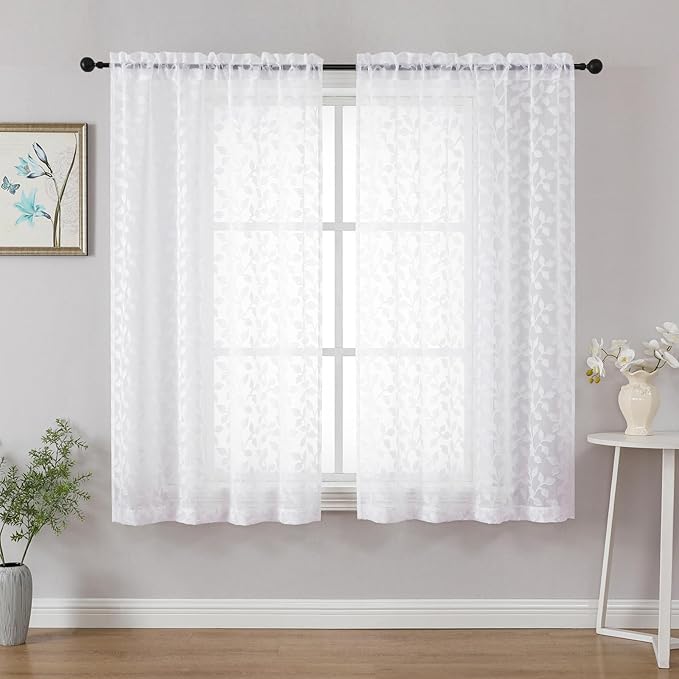 Chyhomenyc White Sheer Curtains 54 Inch Length for Living Room 2 Panels Set, Light Filtering Tufted Textured Soft Airy Rod Pocket Leaf Window Treatment Drapes for Bedroom, 42" Wx54 L, 2PCS