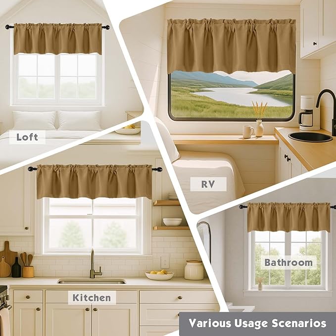 Chyhomenyc Gold Valances for Window, Room Darkening Short Curtains for Kitchen Bedroom Living Room, Rod Pocket Top Small Window Treatment Valance RV Bunk Panels, 60" Wx14 L, 2 Pieces