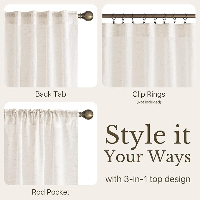 NICETOWN Semi Sheer Linen Curtains for Living Room, Grommet Light Filtering Airy & Elegant Window Treatments Privacy Drapes Natural Linen Blend for Bedroom, W52 x L95, 2 Panels